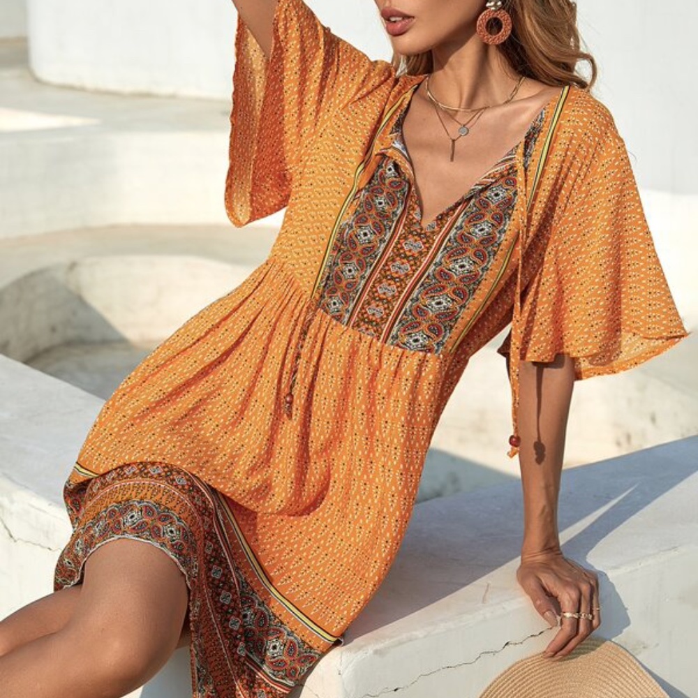Bohemian orange Paisley Butterfly Sleeve Mini Dress - Picture 3 of 6